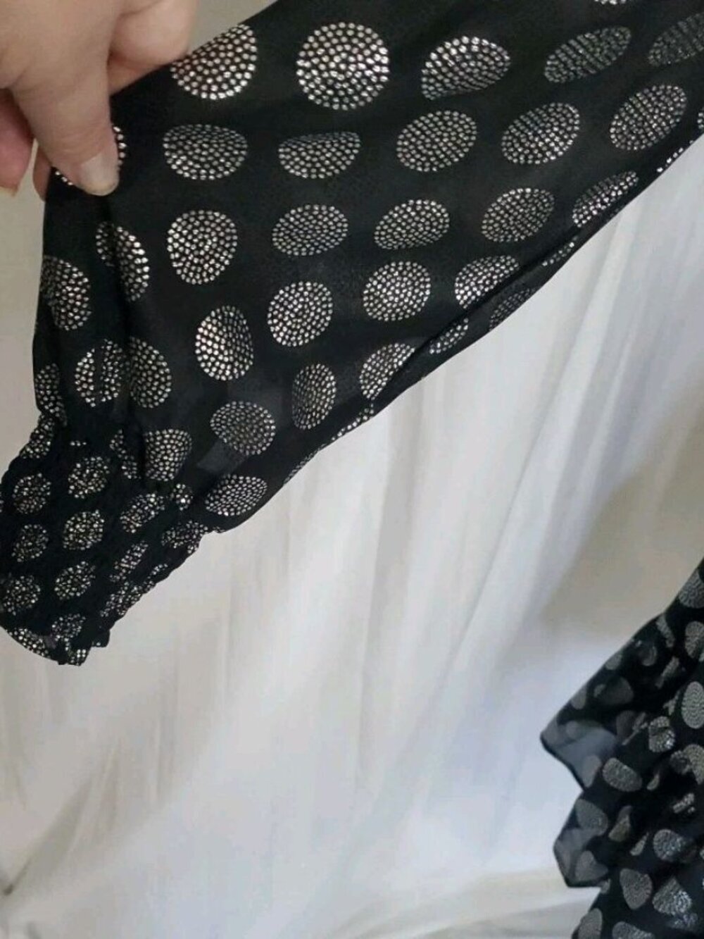 Michael Kors Black & Silver Polka Dot Surplice Long Sleeve Tiered Mini Dress M - Picture 4 of 15